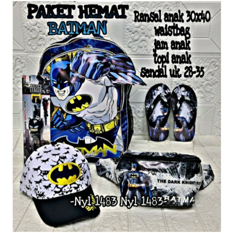 Tas Ransel anak sekolah Paket hemat 5in1 /3 in 1 Ransel Batman+topi+jam tangan