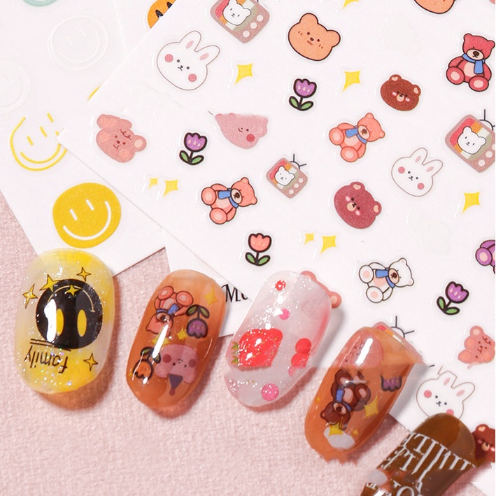 1 Pc Stiker Kuku Motif Kartun Hewan Beruang Warna-Warni Untuk Nail Art