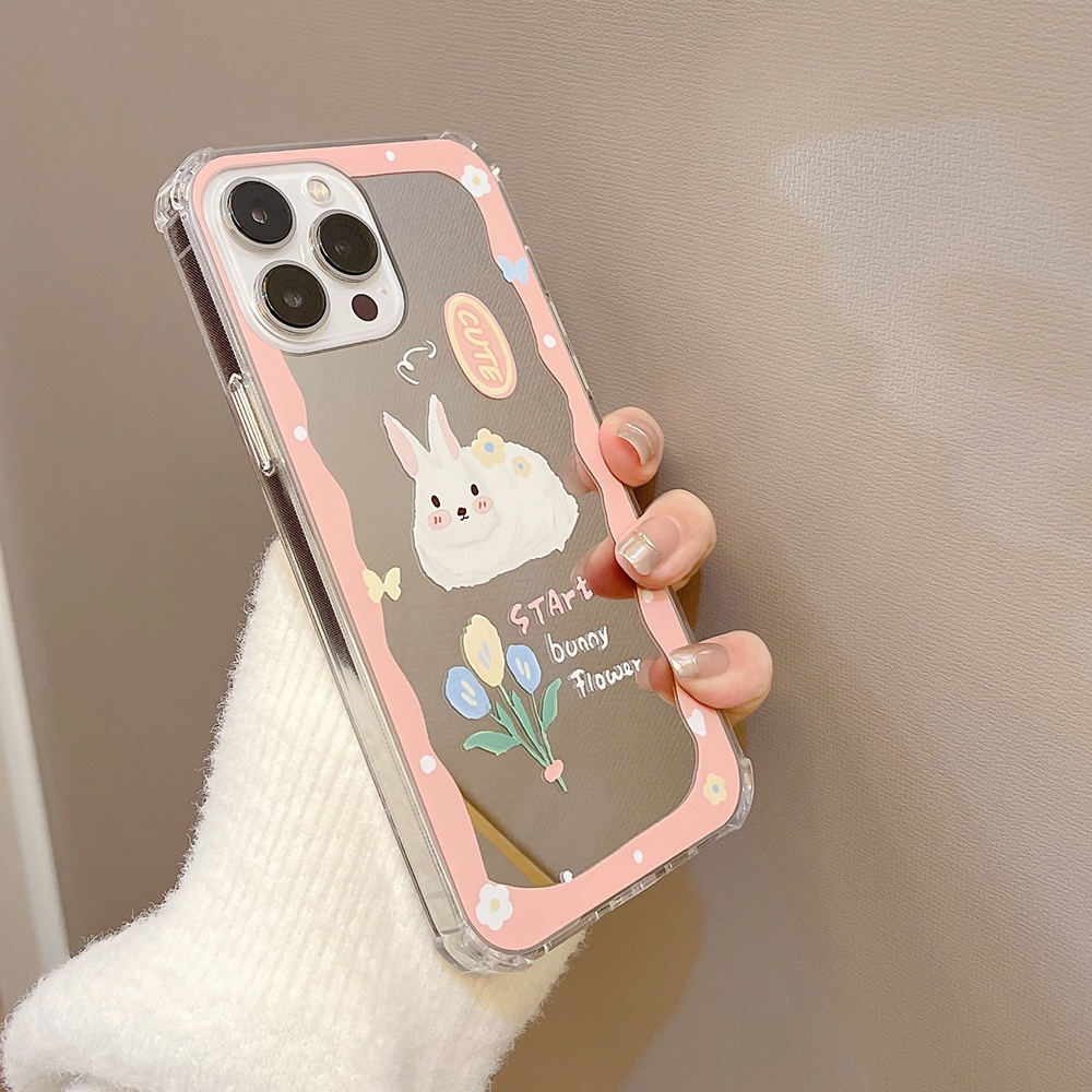 ins Makeup Mirror Shock Proof Soft Case IP Iphone 7 8 Plus X XR XS Max IPhone 11 Pro Max 12 13 Pro Max SE 2020 12 13 mini Cutee Pink Bunny rabbit Casing