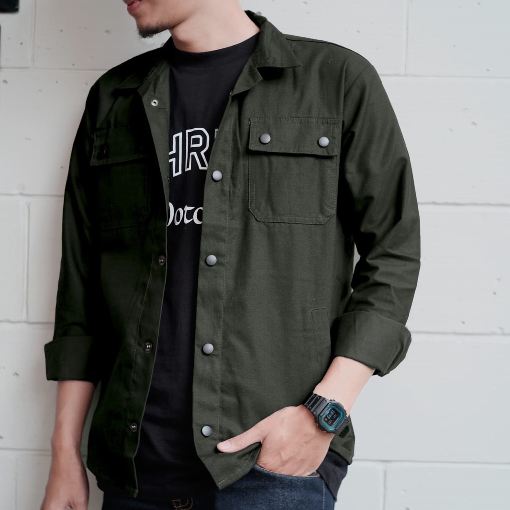 JAKET KANVAS TRACKER SEMI PARKA 2 POCKET PRESSBUTTON HIJAU ARMY