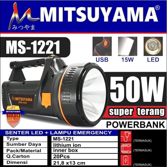 Senter Tangan Besar LED + Lampu Emergency Super Terang USB 50 Watt Mitsuyama MS-1221 Bagus