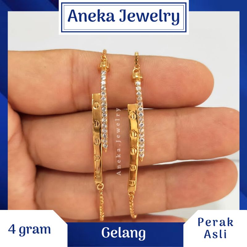 Gelang Serut Plat Mata Baris, Perak 925, Sepuh Emas Rosegold