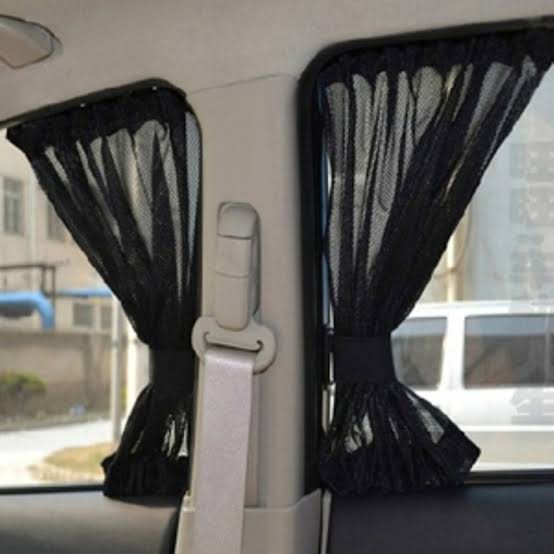 2PCS Tirai Kain warna Hitam dan Cream Tabir Surya Korden model Tempel Ke Kaca Interior Mobil / Penut