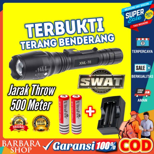 Senter LED Police Swat Taffware Zoom SOS Cree XM-L T6 3800 Lumens Super Terang Paket 2Batrai 3