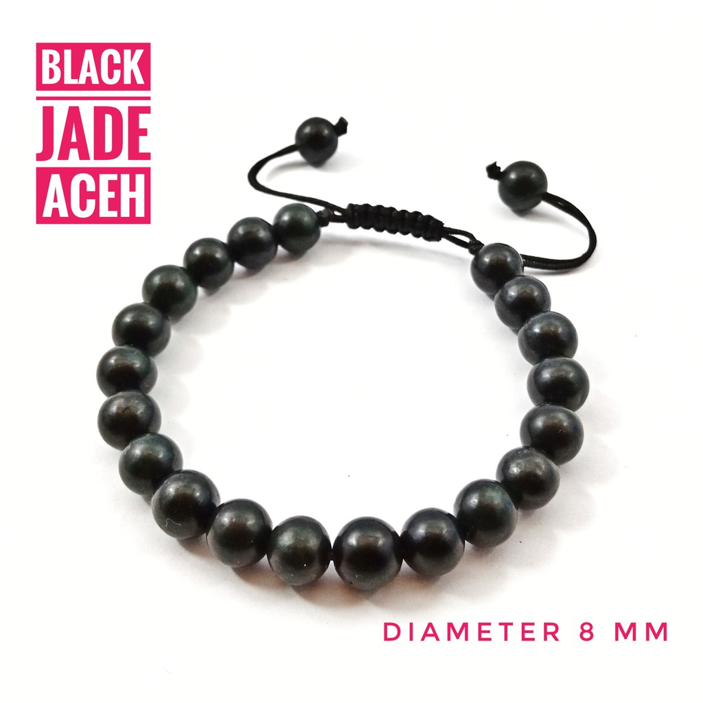 Gelang Terapi Kesehatan Natural Black Jade Aceh Dim 8 Mm Model Tali Serut Shambala