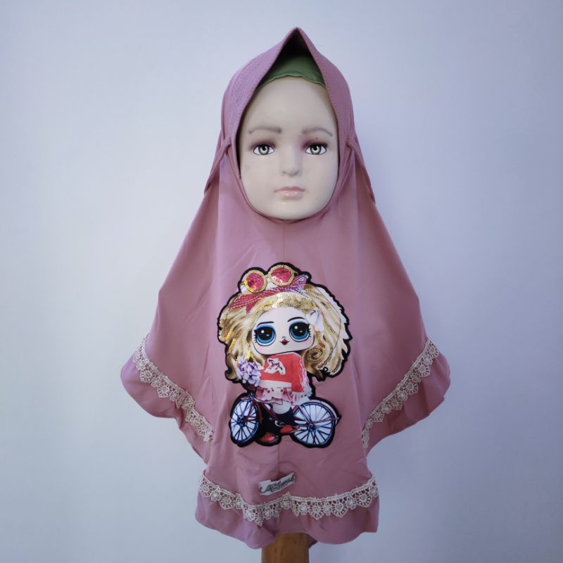 Jilbab anak 4 5 6 7 8 tahun lol lampu rempel renda lucu ( jilbab Lola )