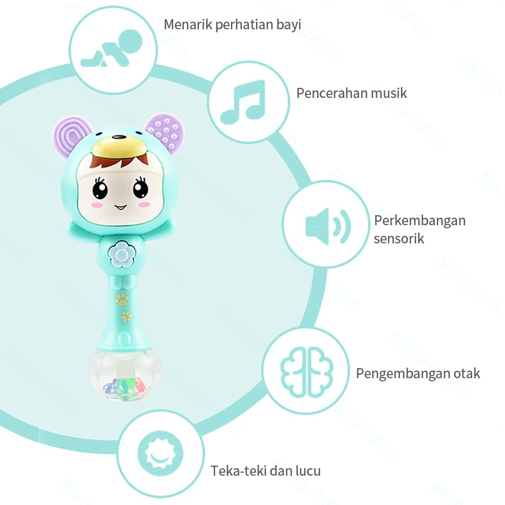 Mainan Tongkat Rattle Teether+Musik+Lampu Kelap-Kelip Bentuk Kartun