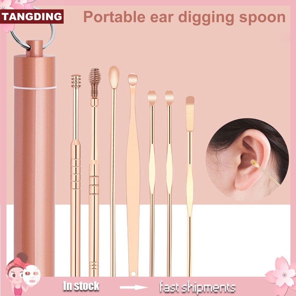 【COD Tangding】7pcs/set Stainless Steel Earscoop Set Earscoop Earwax Earpick Tool Receiver Portable