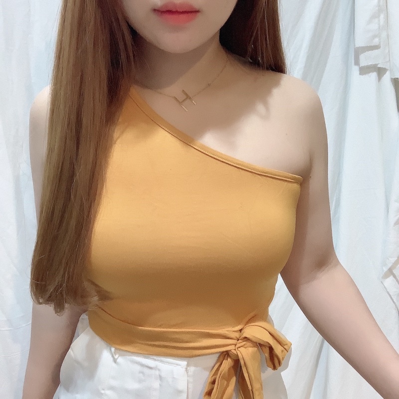 One Shoulder Bow Knot Side Crop Top Tank | Atasan Wanita Korean Fashion | Maimon Grosir