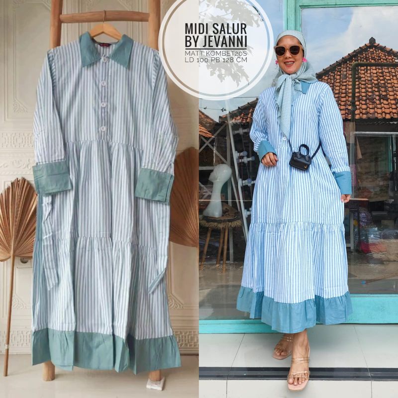 MIDI DRESS SALUR COMBAD ORI RUFFLE KEKINIAN MURAH GAMIS WANITA MAYUNG