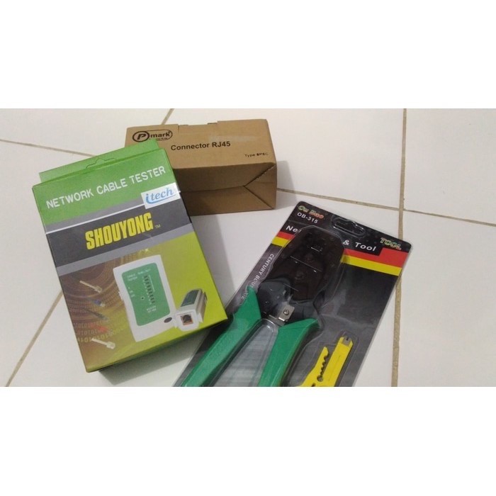 PAKET 3 IN 1 LAN TESTER BATTERY + Konektor RJ 45 + TANG CRIMPING - paket combo