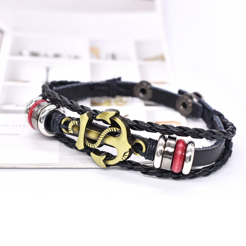 [Z H Perhiasan] Hip Hop Rock Retro Pria Fashion Kapal Jangkar Kulit Multi Layer Anyaman Gelang Pesta Perhiasan Aksesoris 18 Cm~21.5 cm