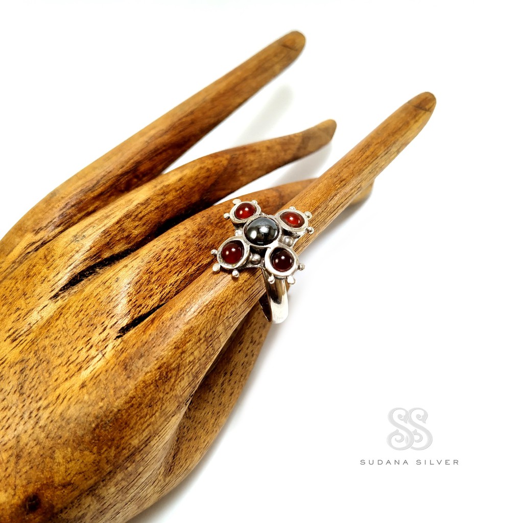 Cincin Perak Kombinasi Garnet dan Mutiara Silver 925 Bali