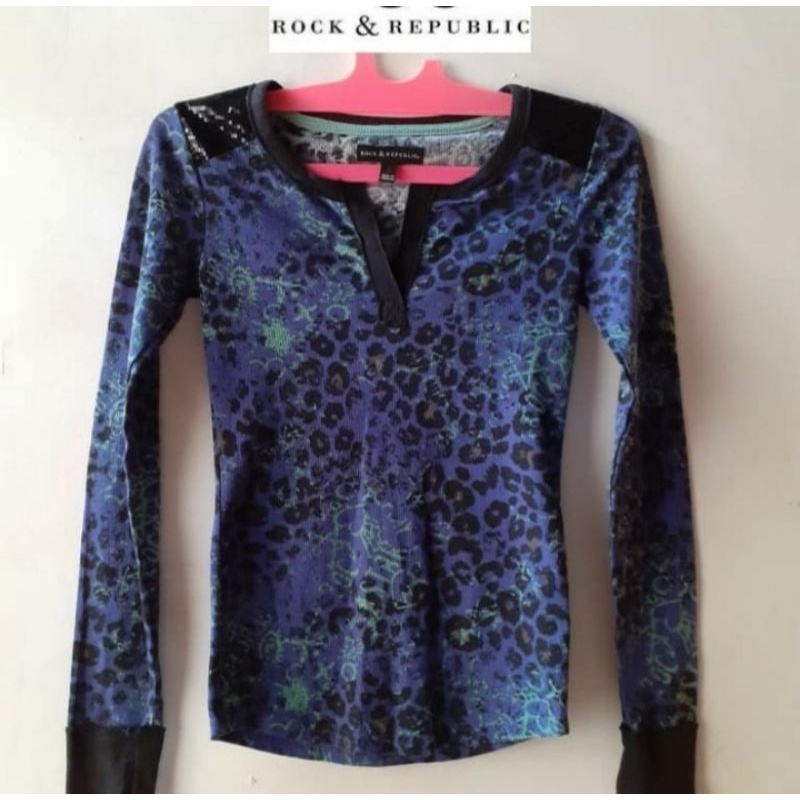 T-Shirt Sweater Rib Knit Rock & Republic Leopard Navy Atasan Kaos Branded wanita