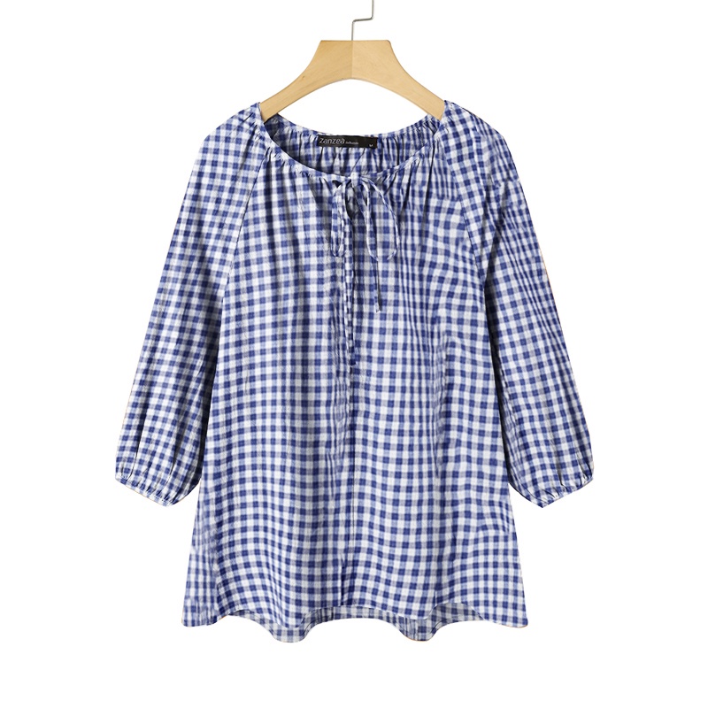 ZANZEA Womens 3/4 Sleeve Vintage O Neck Shirt Tops Plaid Loose Blouse