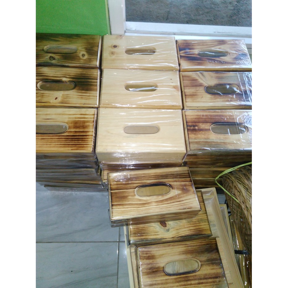 Kotak Tisu / Tempat Tisu Kayu Pinus Motif Bakaran / Box Tissue  Besar Bakaran