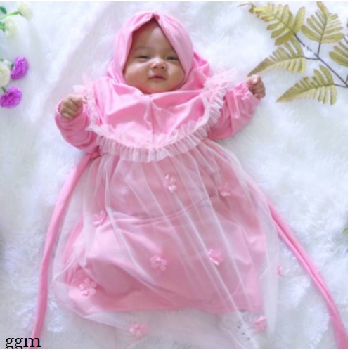 BAJU gamis anak bayi perempuan newborn 0 1 2 3 4 5 6 7 8 9 10 11 bulan 1 2 3 tahun muslim hijab pink