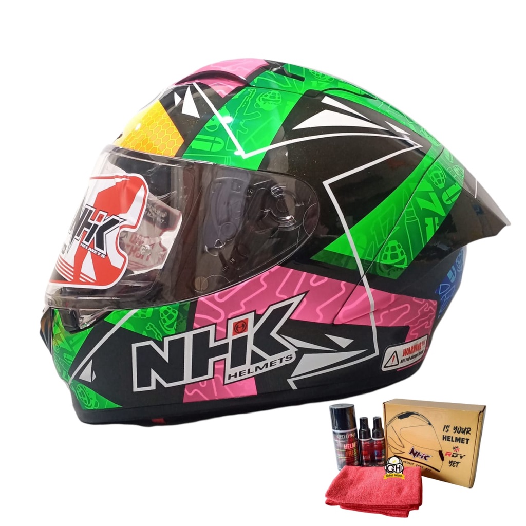 NHK HELM GP R TECH STREET KAREL #4 BRNO BLACK GLITER GREEN GLOSSY GPR FREE PAKET PEMBERSIH HELM