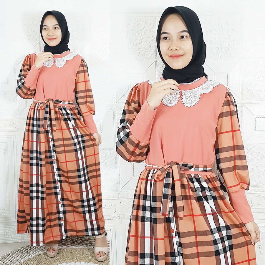 DRESS MIDI KOTAK BURBERRRY RENDA CANTIK WANITA CARLINA FASHION