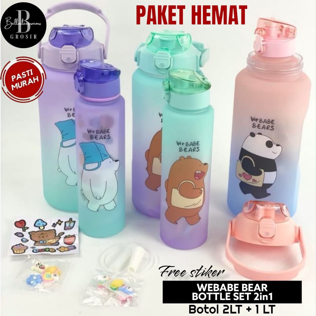 2IN1 - BOTOL WEBABE BEARS BERANAK SET DAPAT 2 BOTOL 2LT + 1 LT AIR MINUM VIRAL AUREL STIKER GRADASI PAKET HEMAT HARGA PAHE MURAH