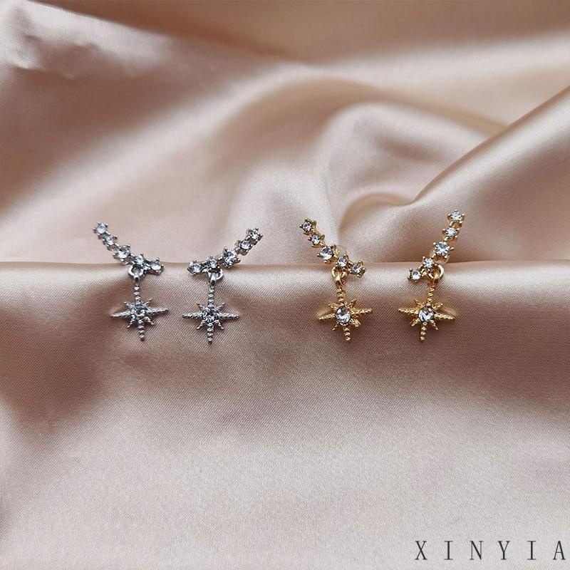 【COD】Anting Bentuk Bintang Hexagram Aksen Kristal Warna Emas Untuk Wanita