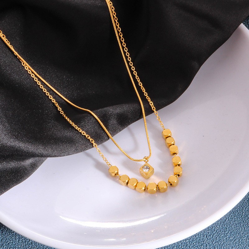 Kalung dua layer susun kubus zircon titanium anti karat harga grosir bisa cod