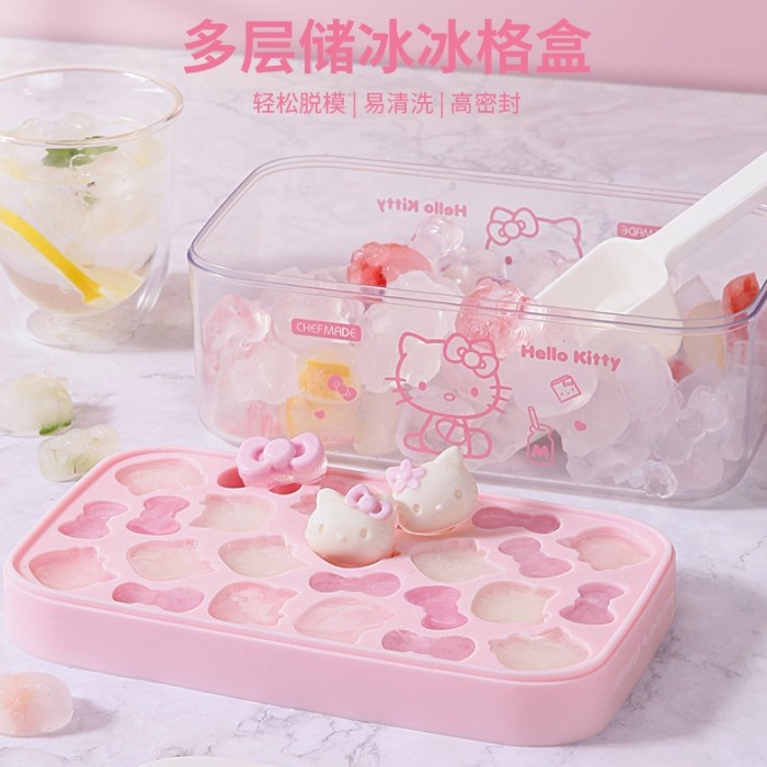 Chefmade KT7110 Kitty Silicone ice cube tray with lid and bin /es batu/ cetakan agar