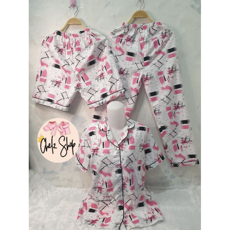 Baju Tidur Wanita/Piyama Wanita Dewasa Katun Motif Daun Part 3-3in1 ABSTRACT PINK