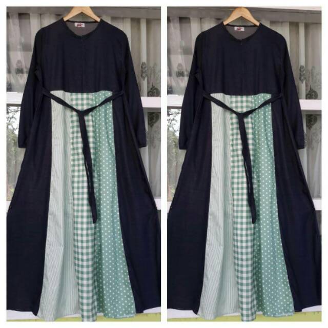 Gamis Denim Navy kombinasi mix tiga motif katun jepang ori