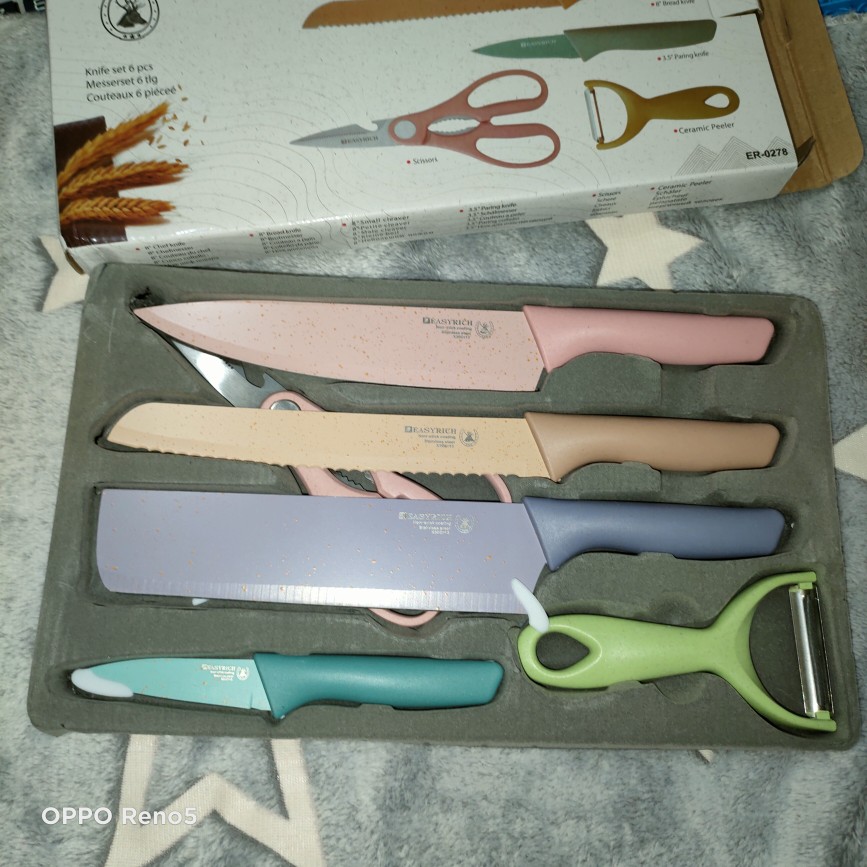 {lav - H854} Set Pisau Dapur 6 In 1 / Kitchen Knife Set Multicolor / Pisau Set Rainbow Pastel Cerami