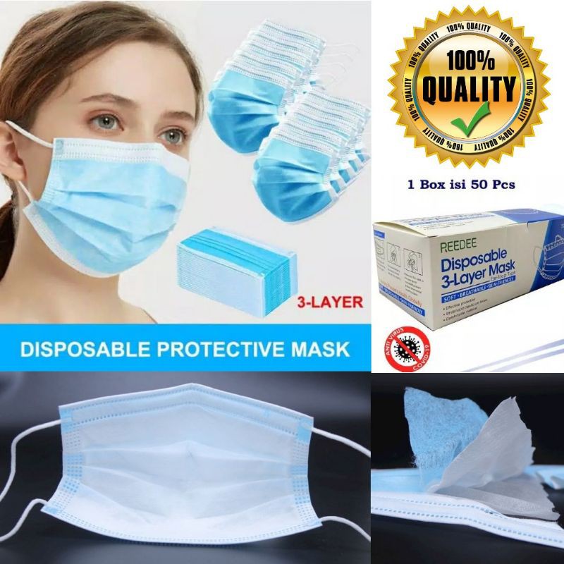 Masker 3ply Earloop Disposable ; masker 3ply isi 50 pcs