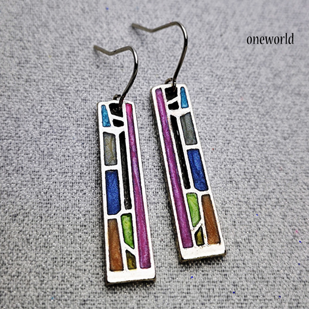 OW@ Party Fashion Colorful Hollow Out Rectangle Pendant Women Hook Earrings Jewelry