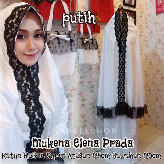 Mukena prada elena katun premium renda hitam terbaru cantik elegant adem murah modern trendi putih