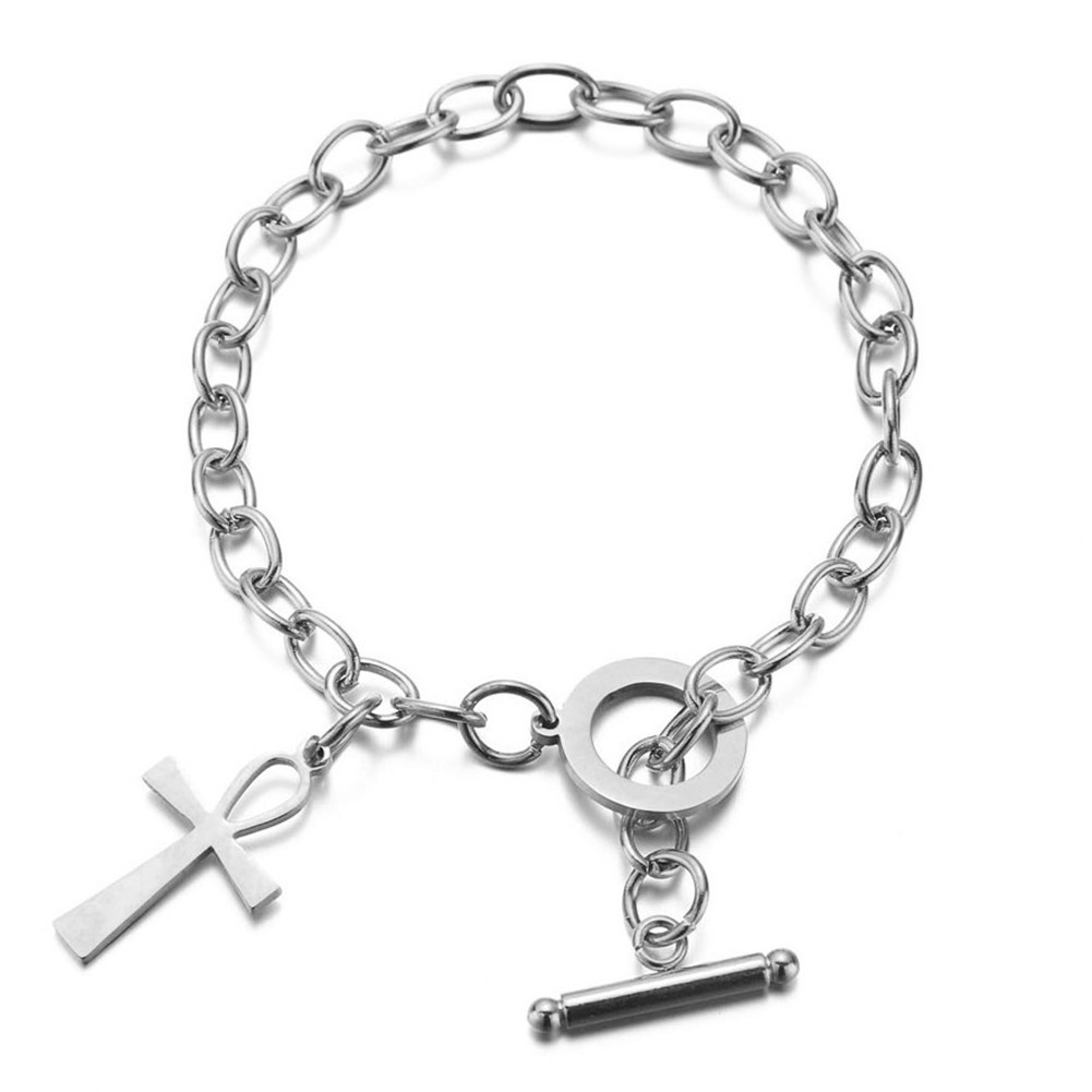 Gelang Stainless Steel Emas Yesus Kristus Sederhana Liontin Salib Gelang Baja Titanium B-22003