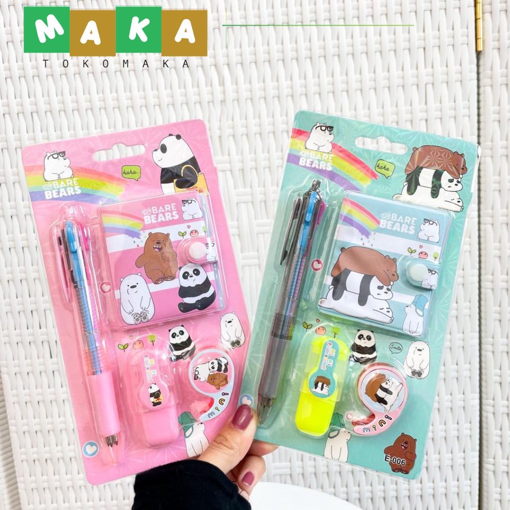 

paket alat tulis 4in1 karakter we bare bear (buku pulpen selotip highlighter) satu paket perlengkapan sekolah lucu unik
