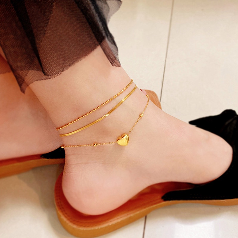 Gelang Kaki Titanium Wanita Manik Hati Anti Karat Emas 18k Perhiasan Korea