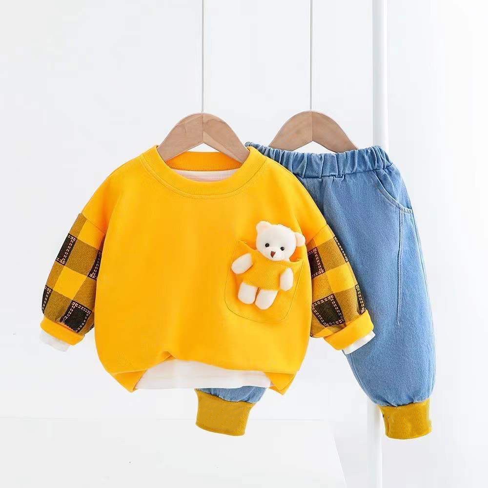 KF CAT Setelan Anak Laki Laki Import/ Setelan Sweater Lengan Panjang Pocket Bear + Jean Panjang Model Jogger Gaya kasual  Untuk Usia 1-4 Tahun