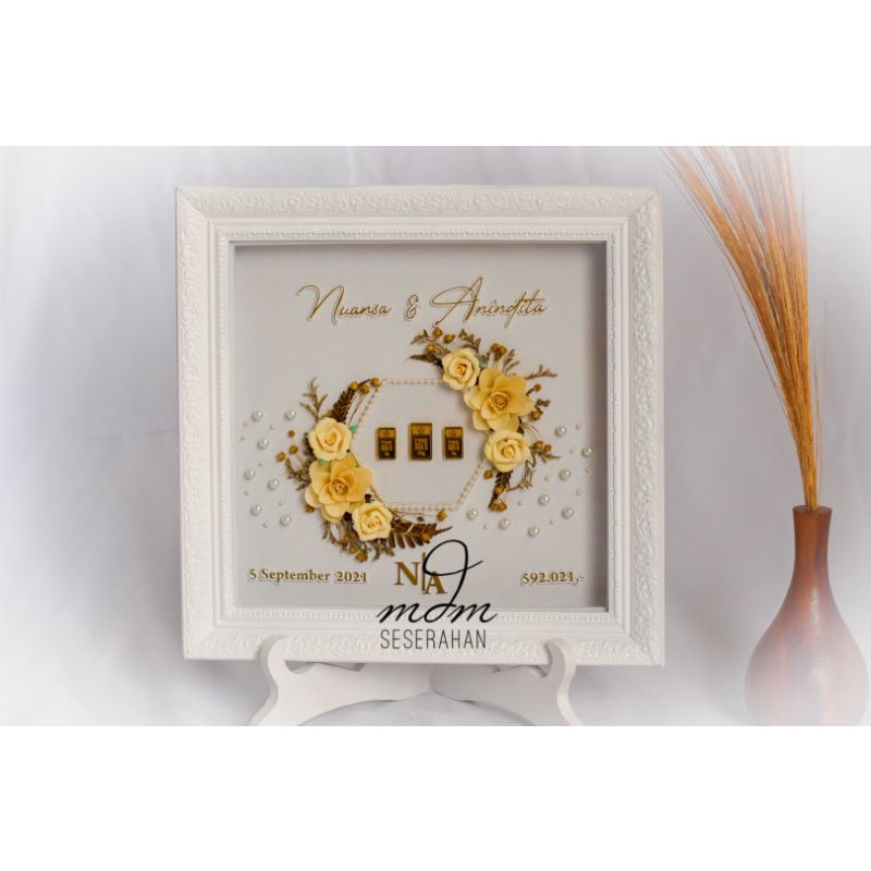 PO Mahar pernikahan akrilik emas / mahar pernikahan rustic bunga kering / frame mahar custom akrilik