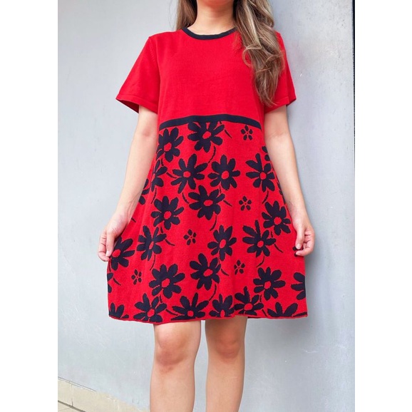 Amelie knit flower red n black mini dresp