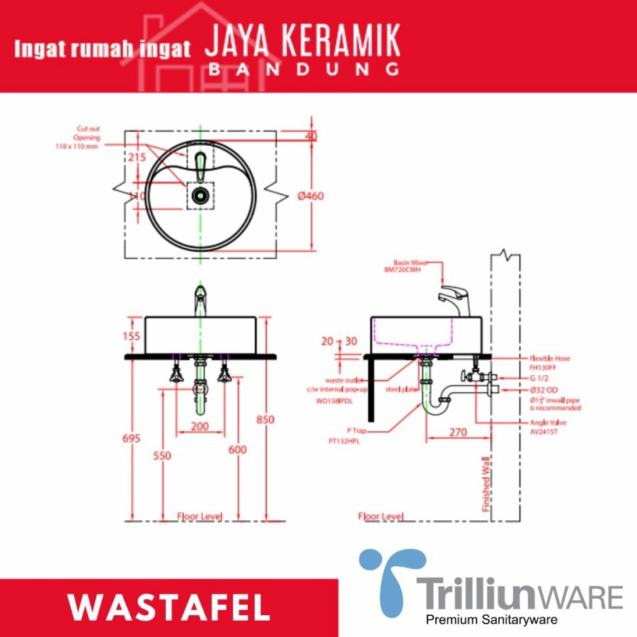 TRILLIUNWARE COBALT WASTAFEL MEJA BULAT MINIMALIS