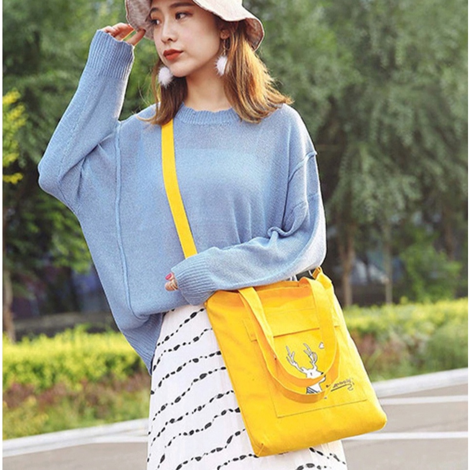 Twenty Bag - Tas Tote Bag Wanita Resleting Terbaru 2022 Aesthetic Kekinian Motif Carakter DEER SNOW Korea Style Multifungsi