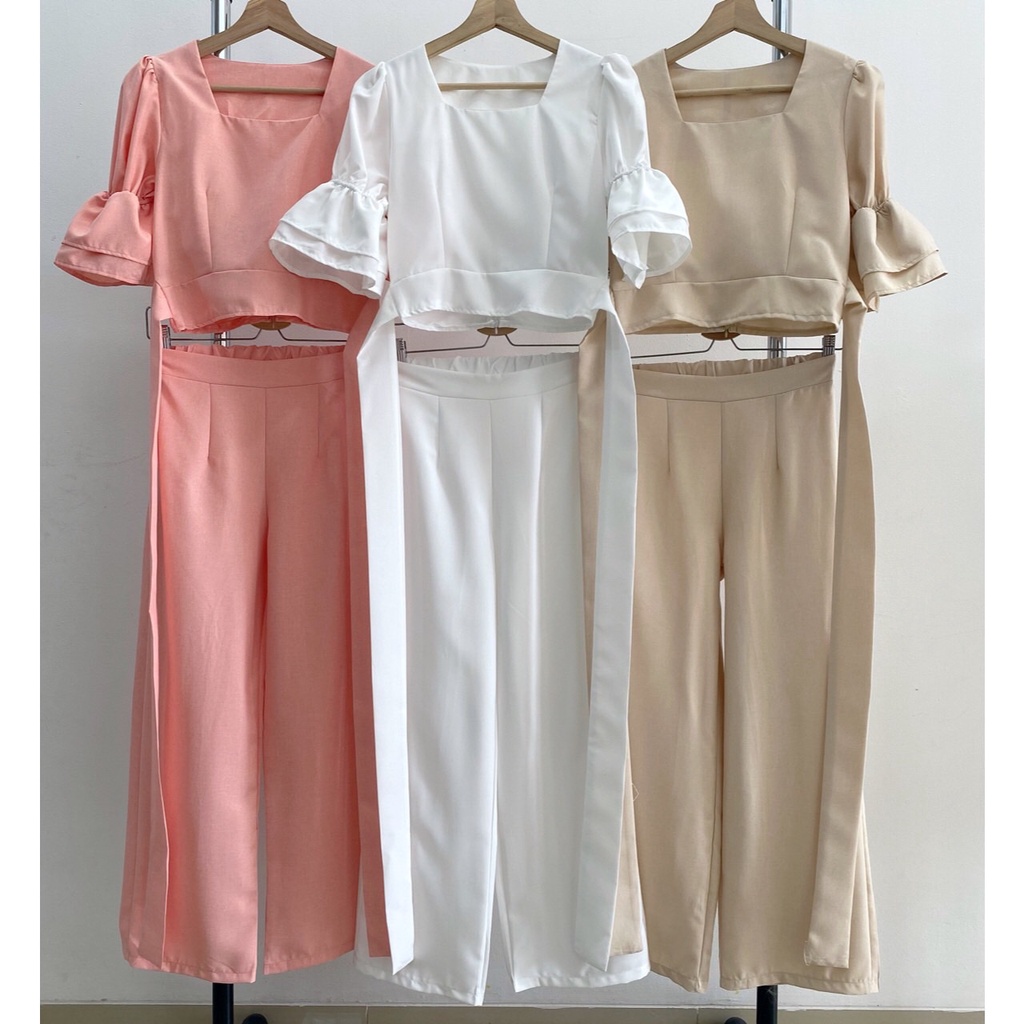 SET6614 Linen Double Ruffle Sleeves Top & Pants Set-8