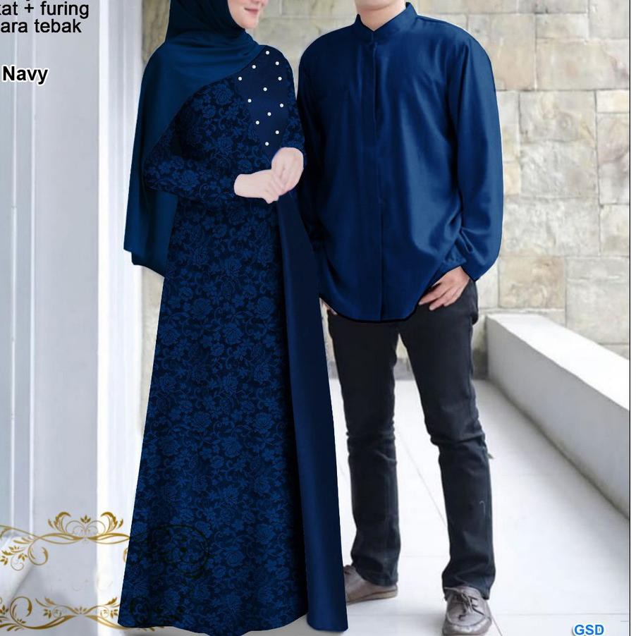 ◘ Cp darlene/couple muslim/gamis syari brokat kombi mutiara/kemeja muslim pria/baju batik pasangan ➨