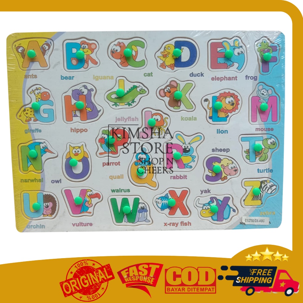 Puzzle Kayu Abjad Besar Huruf Gambar Hewan Binatang Wood Knob Mainan Edukasi Anak Bongkar Pasang Puz