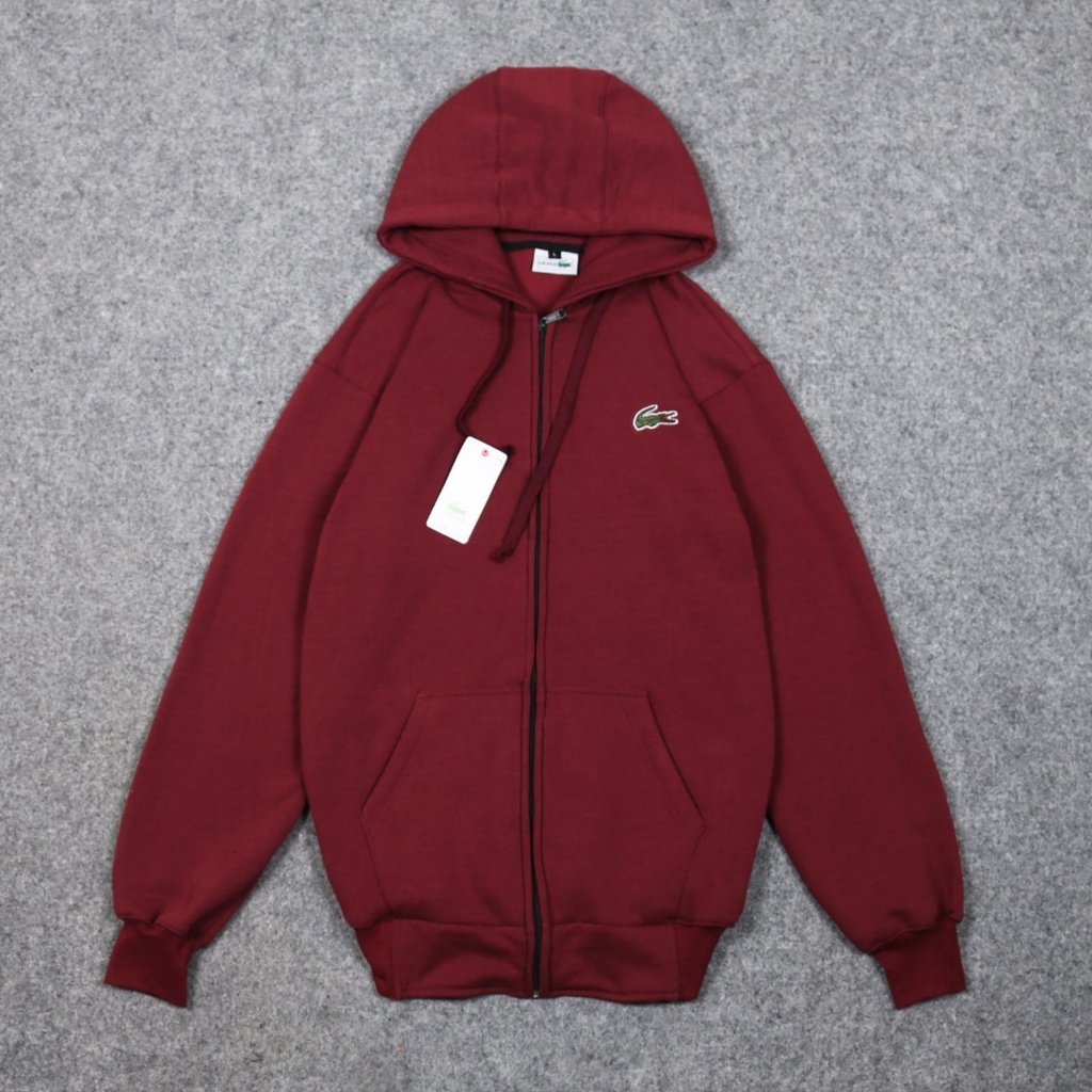JAKET SWEATER HOODIE ZIPPER LACOSTE LOGO BORDIR PREMIUM AUTHENTIC FULL TAG & LABEL MARUN