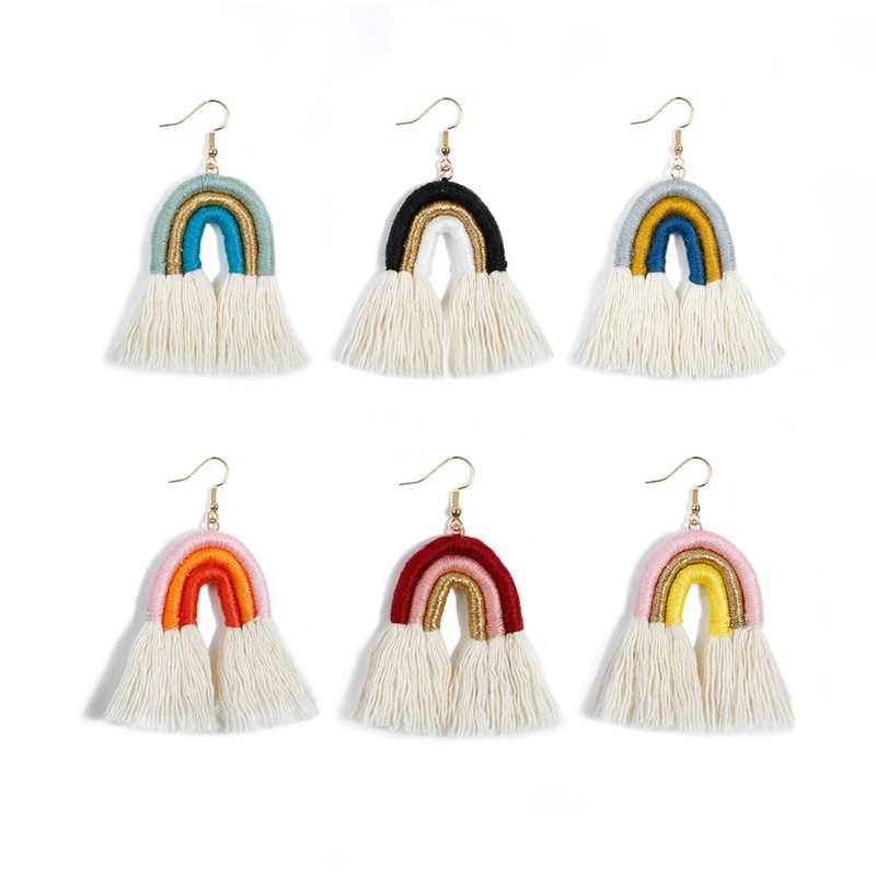 Siy Anting Kait Gantung Bahan Benang Katun Warna Pelangi Gaya Boho Handmade Untuk Wanita