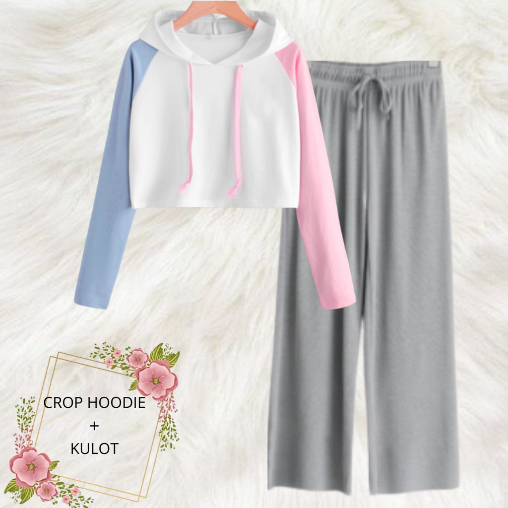 JBF Setelan Crop Hoodie Kombinasi Warna Dan Celana Kulot Remeja / ABG Style Kekinian Baju Korean Style