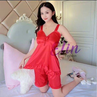 Baju Tidur Set Satin Import - Lingeri  Include Baju Singlet + Celana Bahan Lembut - LINGERI 137