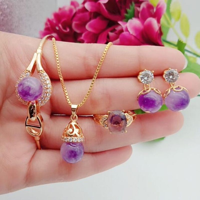 set giok ungu anting bervariasi bunga lapis emas terlaris