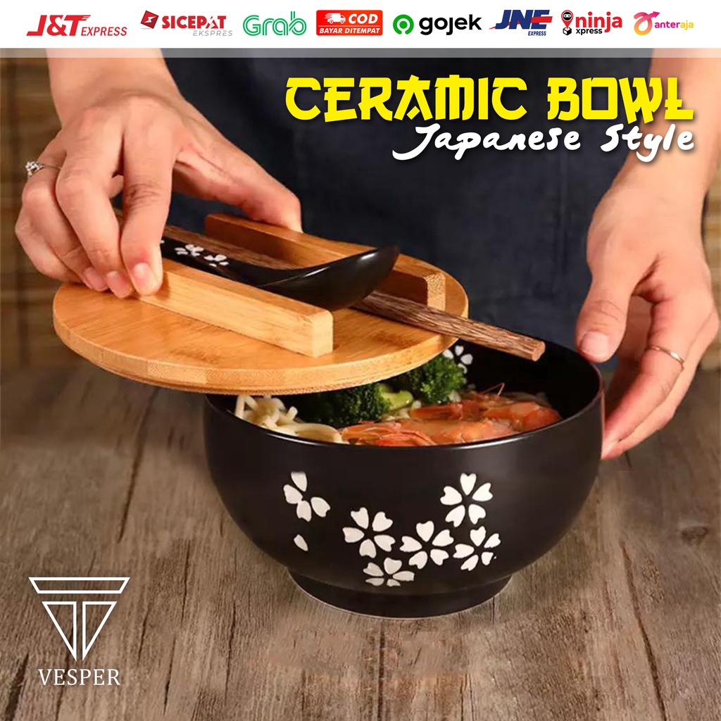 japanese ramen bowl set / mangkok mie free sendok sumpit lid penutup / mangkuk korea soup noodle